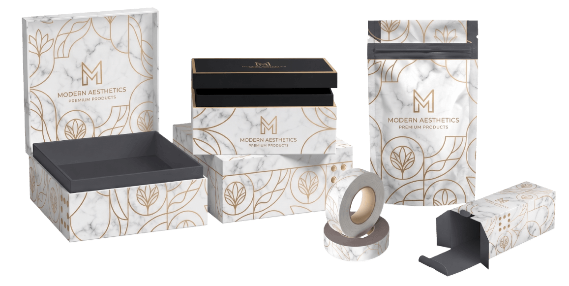 Custom printed packaging boxes in assorted styles and sizes